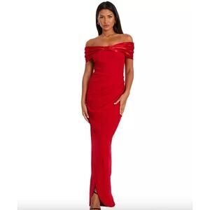 Quiz Dress Size 2 NEW Red Scuba Crepe Satin Bardot Ruched Maxi Evening Gown
